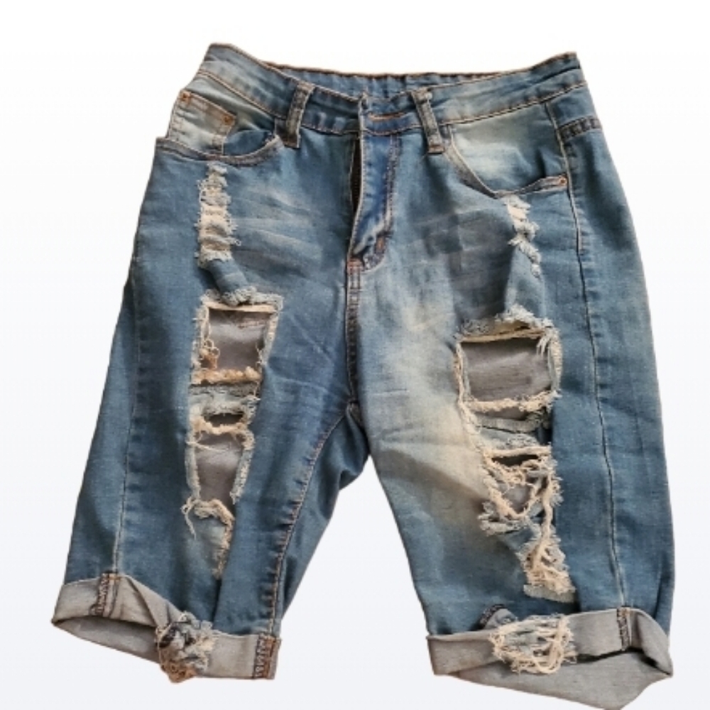Womens long distressed stretchy jean shorts no brand S